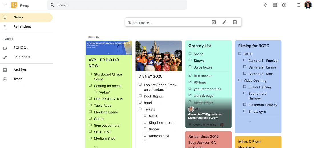 screenshot of Google Keep